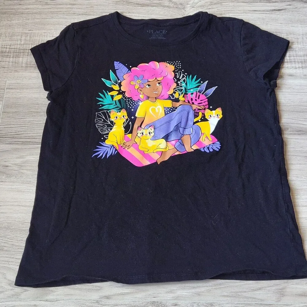 The Children's Place Cat Graphic Tee Girls XL 14 Black Cute Kitty Tropical Shirt